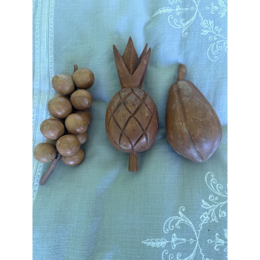 Vtg MCM Monkey Pod Decor‎ Fruit Set Home Carved Wood Pineapple Grapes Pear
